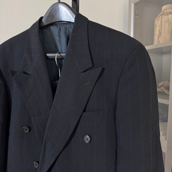 Giorgio Armani Black Wool Pinstripe 2 Pc Suit 40S Double Breasted Jacket Pants - Picture 2 of 11